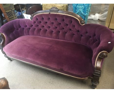 A Victorian walnut lounge suite with button down upholstery with an armchair a sofa and a Victorian chair (3)