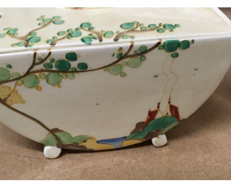 A Clarice Cliff tea pot and small tureen and cover decorated with house and trees .
