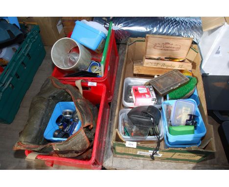 Three boxes of fishing tackle, Pentax camera, spools, table lamp, etc