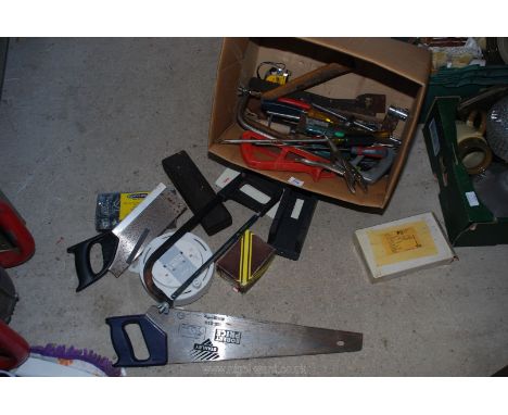 Box of hand tools, battery drill, extension lead, mole grips etc.