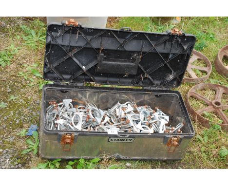 Stanley tool box and contents of pipe clamps, mostly 2'' .