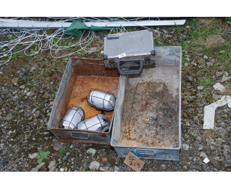 Two galvanized trays, empty toolbox and three bulkhead lights