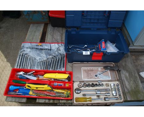 Small plastic toolbox and contents: hammer, socket set etc.