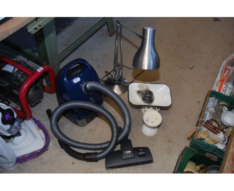 Miele vacuum, desk lamp, set of kitchen scales and weights.