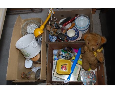 Three boxes of various china, ornaments, glass bowls, teddy bear, lamp etc.