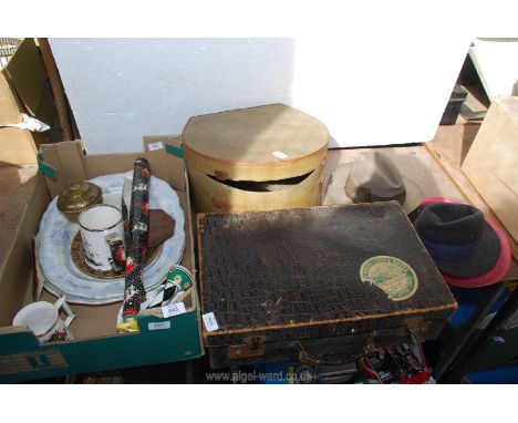 Quantity of meat plates, Liptons 1925 tea caddy, hat box, hats and suitcase