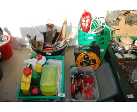 Quantity of various garden sprays, hammers, chisels, inspection light, clamps etc.