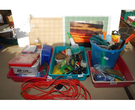 Quantity of hand tools, fixings, extensions, drill bits, bed tray etc.