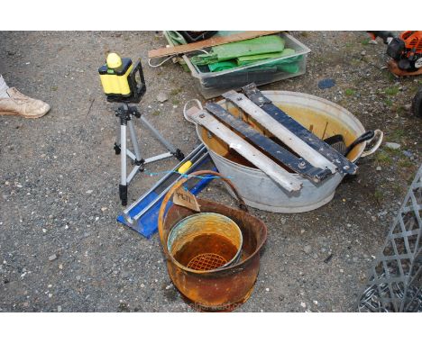 Lazer level metal tile cutter, tin bath, gate hinges etc.