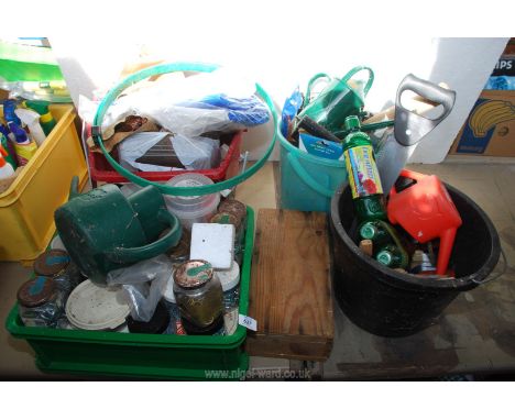 A tub of various fixings, tarpaulins, rolling pin, liquid feed etc.