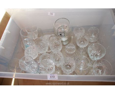 Box of various glasses including two gin goblets