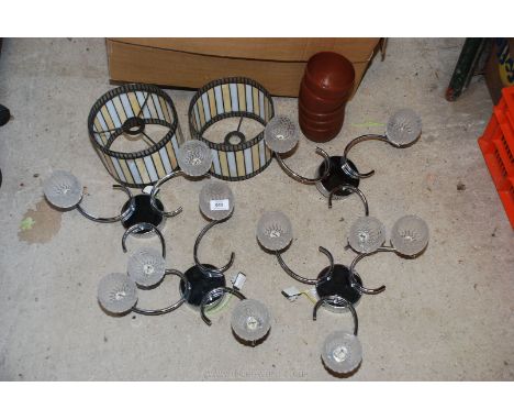 Four ceiling light fittings, plastic pots and two Tiffany style lamp shades.
