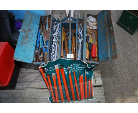 Metal cantilever toolbox and contents: hammer, spanners, chisel set etc.