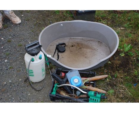 Plastic pet bed, garden sprayer, hand tools etc.