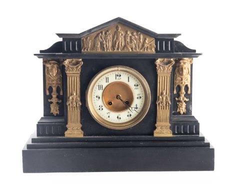 Vincenti et Cie, Paris a Victorian black slate and gilt-metal mantle clock the eight-day duration movement striking the hours