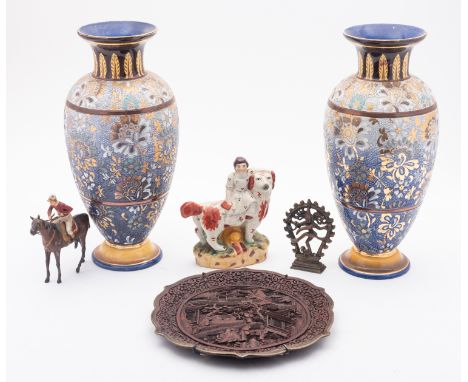 A pair of Royal Doulton Slaters Patent vases of baluster form, 31cm high, impressed marks, togetherw ith a reproduction Staff