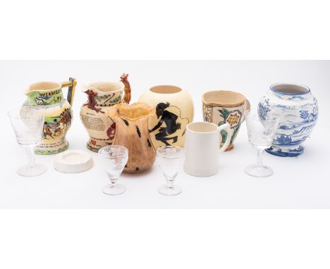 A mixed group of ceramics and glass comprising a Scottish art glass vase of tulip form of mottled brown and gold colour, a Ke