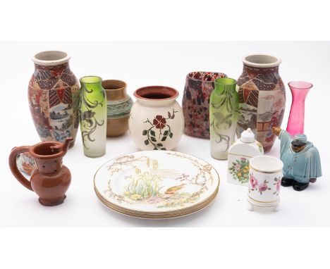 A mixed group of ceramics including a C. H. Brannam fish posy trough, a French pottery puzzle jug, a novelty Sarregumines mon