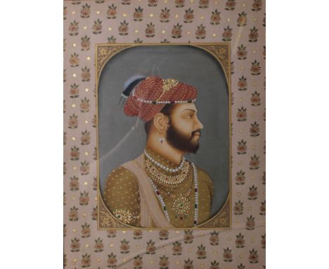 Indian School Portrait of a Bejewelled Gentleman Gouache painting adorned with coloured gemstones and bordered with floral-de