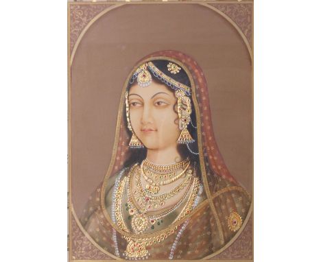 Indian School Portrait of a Bejewelled Lady Painting adorned with coloured gemstones and bordered with floral-decorated cloth