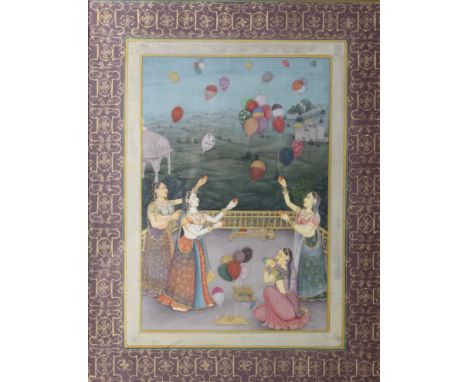 Indian School Balloon Take-off Gouache heightened with gold 35 x 27cm Together with a portrait of an Indian woman with lotus 