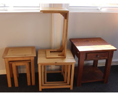 A nest of three light oak tables, four other occasional tables, together with two chairs and a stool. 