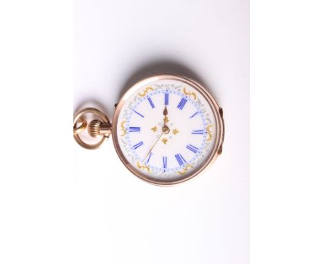 A French 9ct gold ladies pocket watch, white enamel face with gilt decoration, crown wind with amethyst set yellow metal bow 