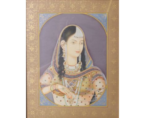Indian School Portrait of Young Lady adorned with Jewels Gouache with coloured gemstones 28 x 35cm Together with a painting o