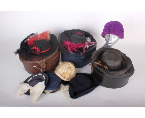 A pair of 1930s black suede lace-up shoes, a 1930s Navy blue handbag, a Marshall & Snelgrove black straw hat, a Woodrow black