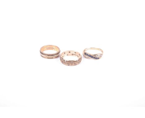 Three 9ct gold rings, a wedding band in rose and yellow gold, size K, a full eternity ring set with diamond chips, size L and