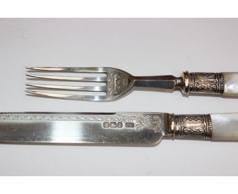 A boxed set of Victorian sterling silver desert knives and forks with mother of pearl handles by Harrison Brothers & Howson, 