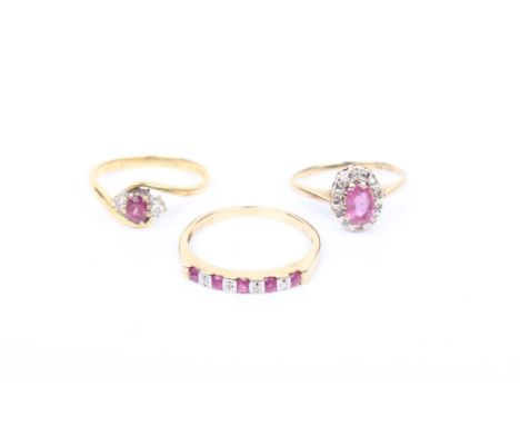 Three 9ct gold ruby and diamond rings, 4.5g gross.