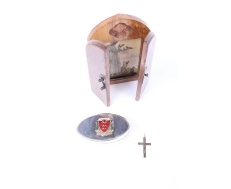 An olive wood triptych together with a 9k gold pendant cross and plated box with enamel 'Channel Islands' armorial decoration