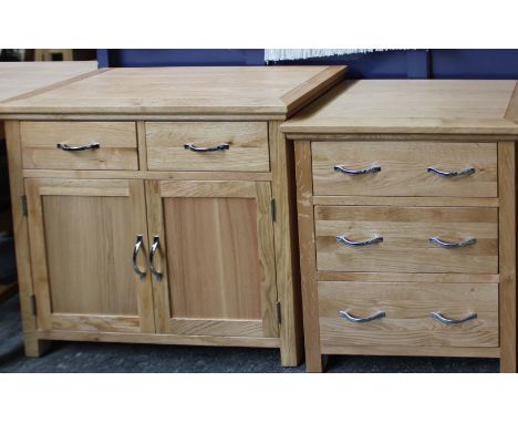 A small light oak dining table set (h: 74cm  w: 75cm  d:75cm), small sideboard (h: 80cm  w: 95cm  d: 38cm) and three drawer c