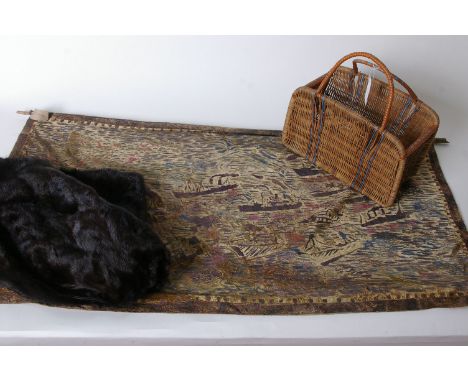 A 1950s dark mink stole, a vintage wicker shopping basket, a modern Venetian velvet wall hanging decorated with stylised ship