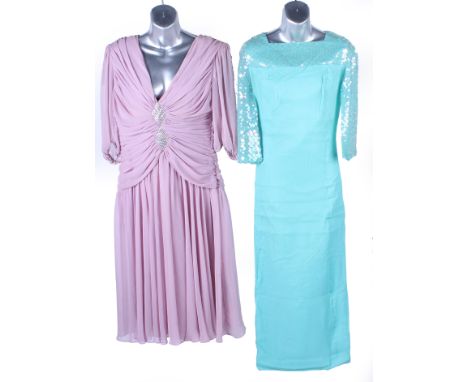 A Frank Usher 1980s pale lilac dress, ruched and gathered across the bodice with diamond-shaped sparkle motifs; a coral reef 