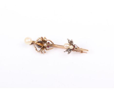 A 9ct rose gold spider and fly bug brooch, at tigers eye old cut diamond and ruby spider with an rose cut diamond pearl and r