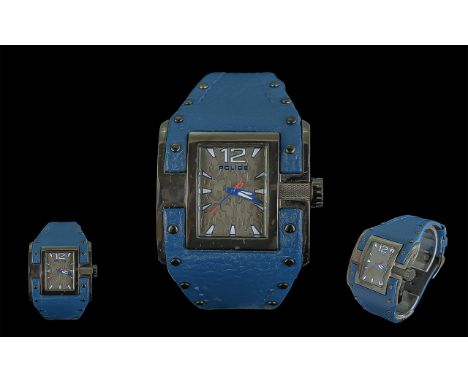 Police Gentleman's Wristwatch, blue leather strap, grey face, white baton numerals.

