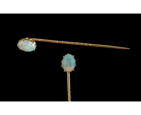 Antique Pleasing 18ct Gold Opal Set Stick Pin with Box. Not Marked but Tests High Grade Gold. The Opal of Excellent Colours. 