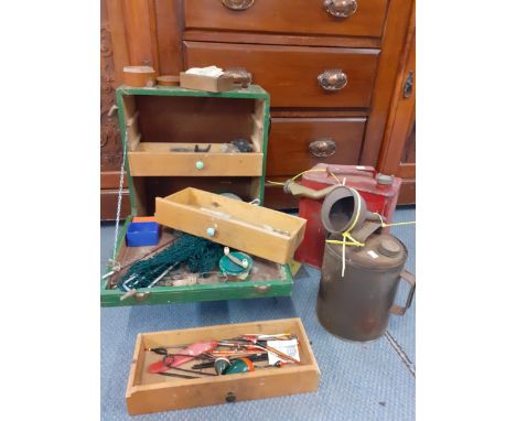 A vintage painted fishing tackle box with canvas travelling straps to include contents together with two fuel cansLocation: 