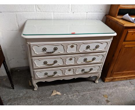 A 19th century French painted three drawer commode on carved, cabriole legs, 85cm h, 100w 