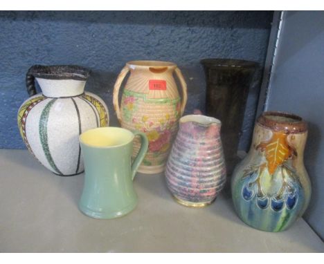 Selection of glass and ceramic jugs and vases to include a Davidson's cloud glass vase, and a Belgium art pottery vaseLocatio