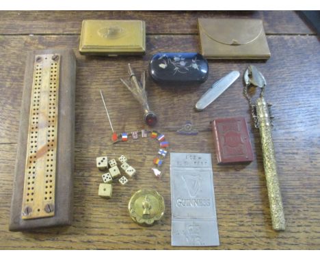 A mixed lot to include a brass whist marker, bone disc, 19th century marine ivory cribbage board mounted on wood, Scottish cl