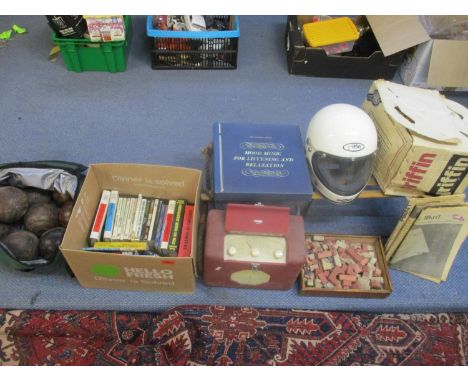 A mixed lot to include a blue painted metal framed and wooden sledge, Roberts radio, various wooden bowling balls, Griffin He