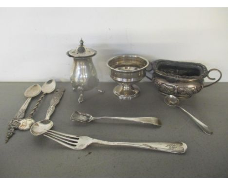 Mixed silver to include a silver salt fork and others, 136.4g together with three white metal spoonsLocation: 