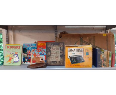 A mixed lot to include a vintage bagatelle board, a Binatone colour TV games console model 01.4931 A/F, mixed children's book