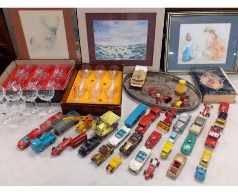 A mixed lot to include vintage Dinky and Corgi toys, Cristal d'Arques glass, three pictures, a book and other itemsLocation: 