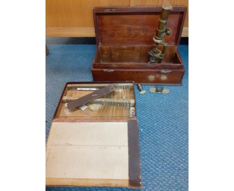 A vintage microscope in case together with mixed slidesLocation: RAB 