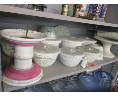 A Grimwades pottery rolling pin with wooden handles advertising the 'Quick Cooker' bowls of various sizes, two Grimwades jell