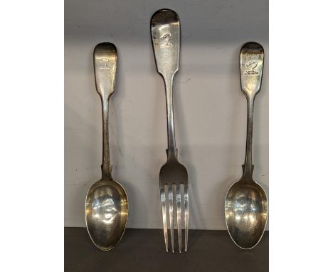 Victorian silver fiddle pattern flatware comprising two dessert spoons and a table fork, London 1872, and one spoon 1873, 165
